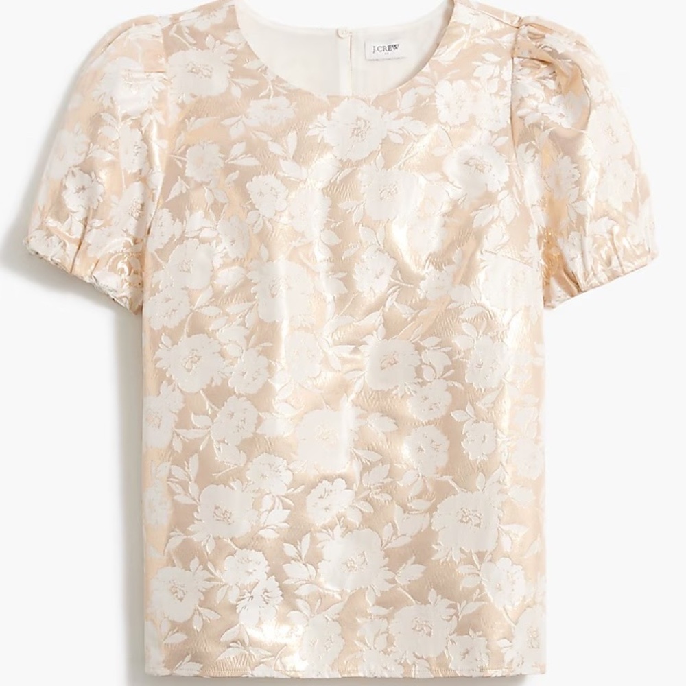 J. Crew Jacquard Gold and Cream Puff Sleeve Top Size S Preppy ~ Metallic!